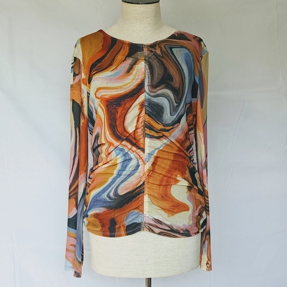 Bailey 44 Vanity Swirl Print Round Neck Mesh Overlay Ruched Center Multi L NWT - Picture 1 of 14
